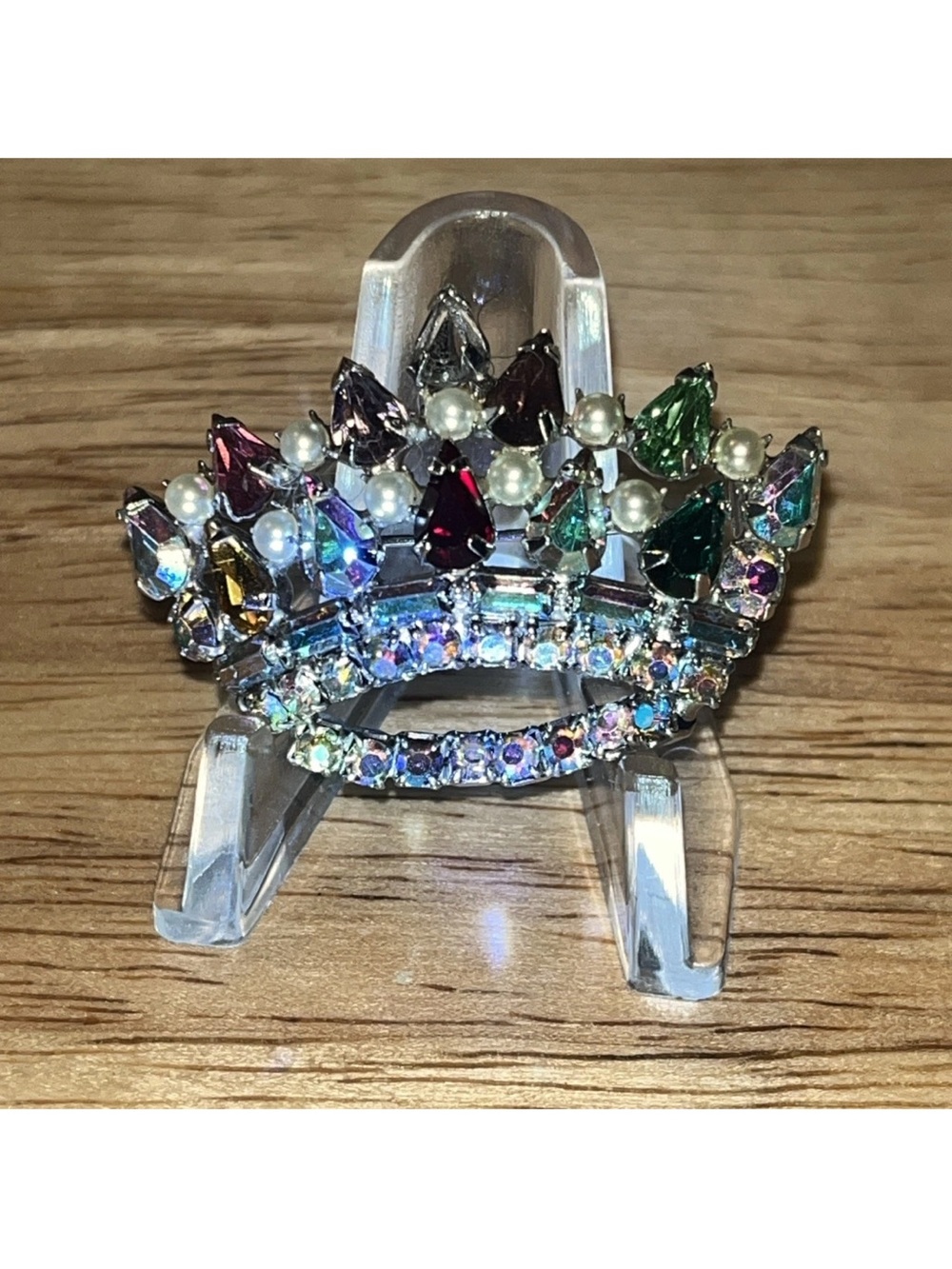 Vintage SIGNED B David Crown Brooch Pin AB & Multi-color Rhinestones Faux Pearl